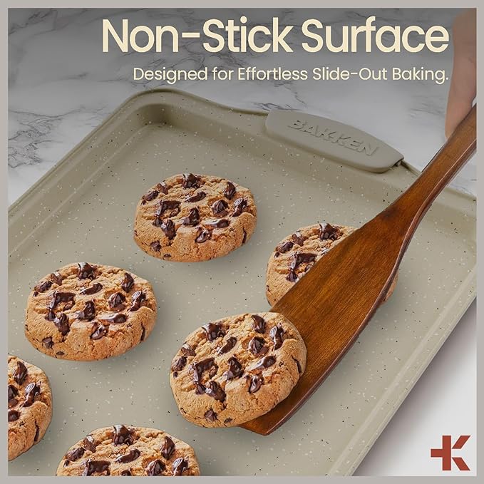 BAKKEN Cookie Sheets for Baking Nonstick Set - 3-Piece Stackable Carbon Steel Baking Sheet Pans Set with Silicone Handles, Non Toxic Cookie Sheets for Baking Bakeware Set - White Marble