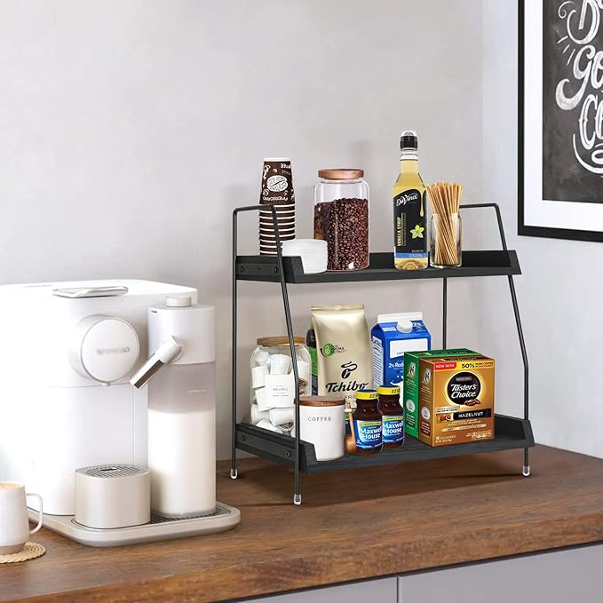 Yusepure Coffee Bar Accessories and Organizer Countertop, Coffee Station Organizer Kitchen Counter Shelf Organizer,Coffee Condiment Storage,Cup Lid Holder Countertop Shelf for Bathroom (Black)