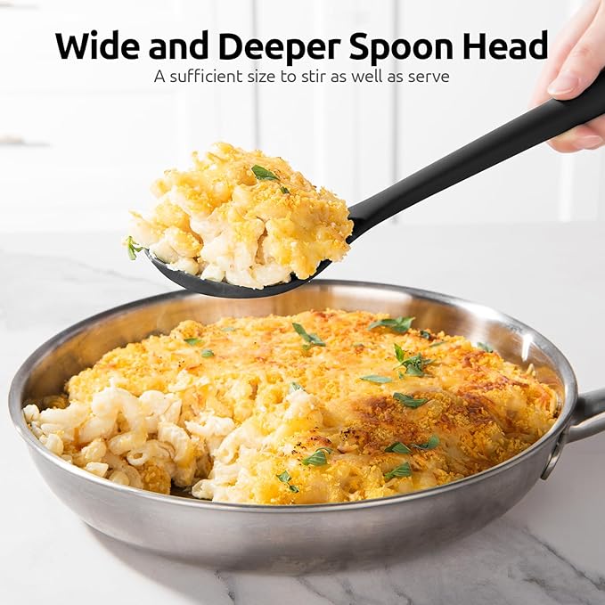 600ºF Heat Resistant Silicone Spoon: U-Taste 13.3in Solid Kitchen Cooking Spoon, Nonstick Food Grade Large & Long Soup Rubber Utensil for Mixing, Serving, Stirring, Basting, for Pot Cookware (Black)