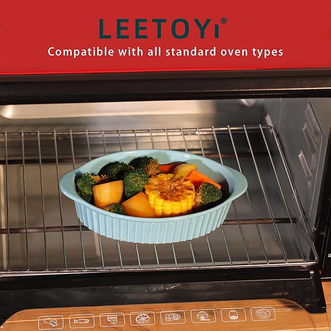 LEETOYI Porcelain Small Oval Au Gratin Pans, Baking Dish Set for 1 or 2 person servings, Bakeware with Double Handle for Kitchen and Home, Set of 2 (Turquoise)