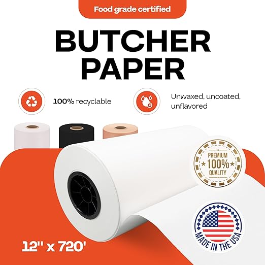 White Butcher Paper Roll 12" x 8640" (720 feet) - USA-Made Natural Food-Grade Paper for Cooking Meat and Fish - Unwaxed Material for Smoker, BBQ & Grilling by IDL Packaging