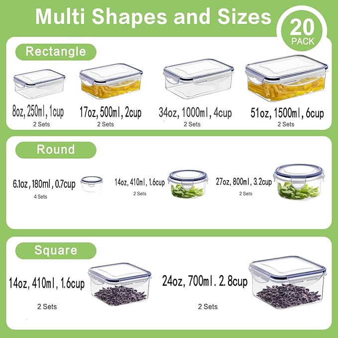 HOMBERKING 40 Pieces Food Storage Containers Set with Snap Lids (20 Lids + 20 Containers), Meal Prep Airtight Plastic Containers, BPA-Free Lunch Box for Kitchen, Pantry, Home, Blue