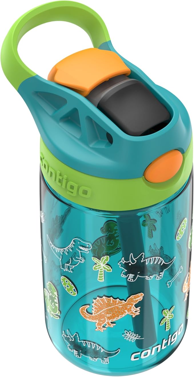 Contigo Aubrey Paw Patrol Leak-Proof Spill-Proof Water Bottle with Autospout, 14oz, Juniper (Dino GFX), Green and Blue