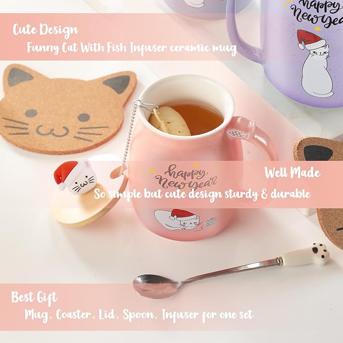 BigNoseDeer Christmas Mugs Kawaii Ceramic Cat Mug Tea Cup Cute Mugs Coffee Mug with Lid Spoon Tea Mug Christmas Gifts for Women 13oz
