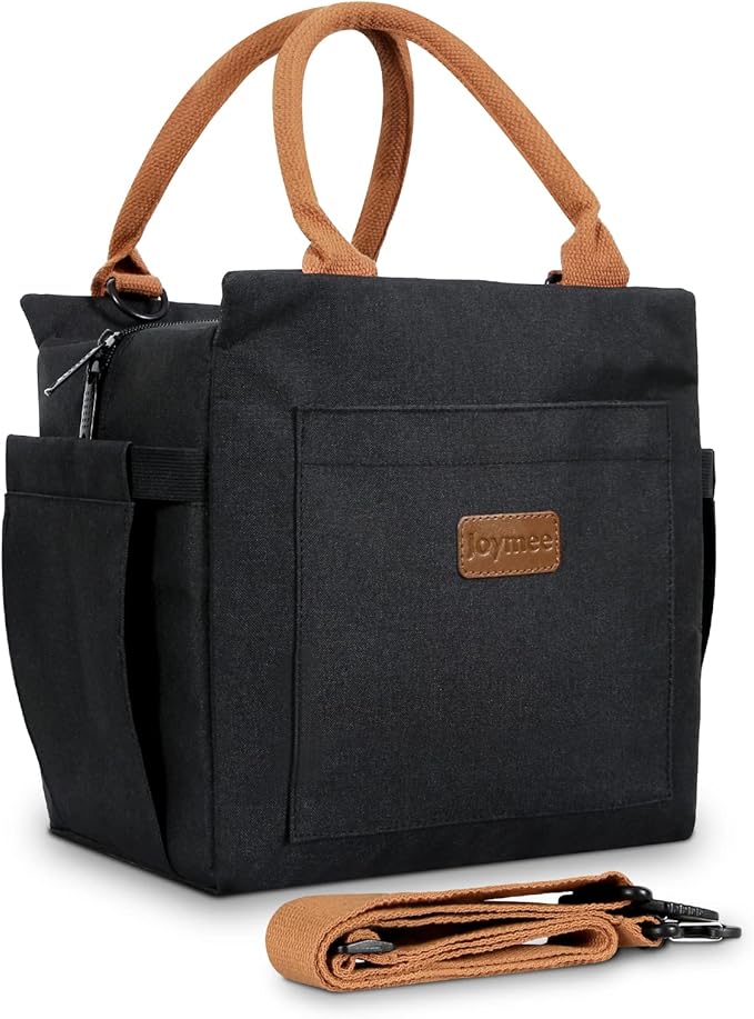 Joymee Lunch Bag Women Insulated Lunch Box with Adjustable Shoulder Strap Large Reusable Leakproof Spacious Cooler Tote for Women Men Adult with Bottle Holder and Side Pockets - Black