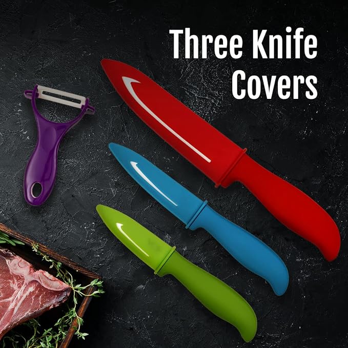 Vos Ceramic Knife Set with Peeler, Ceramic Knives Set For Kitchen, Ultra Sharp Kitchen Knife Set with Covers, 3" 4" 6" Paring, Utility & Chef Knife, Lightweight, Dishwasher safe (Multi-Color Handle)