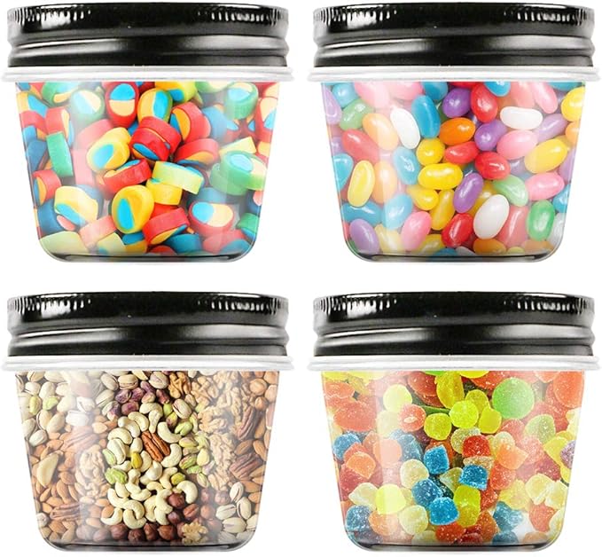 Novelinks 4 Ounce Plastic Jars with Black Lids - Refillable Round Clear Containers for Kitchen & Household Storage - BPA Free (40 Pack)