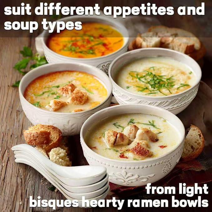 Artena Soup Bowls 32 OZ, Cereal Bowls Set of 4, Embossment Ceramic Ramen Bowl, 6.3 Inch White Salad Bowls, Large Dinner Bowl for Pho, Noodle, Pasta, Snack, Dishwasher Microwave Safe, Multiple Patterns