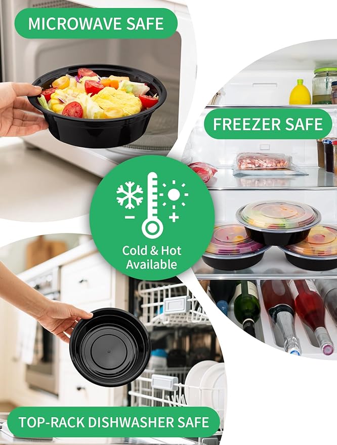 Meal Prep Containers with Lids - 50 Pack 32 oz Round Meal Bowls, Microwave, Freezer, Dishwasher Safe, BPA-Free To-Go Food Storage Containers