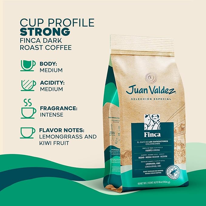 Juan Valdez Finca Whole Bean Coffee - Dark Roast | 16 oz / 454 gr | 100% Colombian Coffee - Rainforest Certified | With Lemongrass & Kiwi Notes