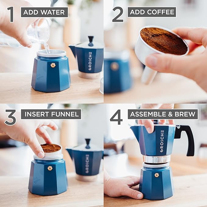 GROSCHE Milano Stovetop Espresso Maker Moka Pot 3 espresso Cup - 5 oz, Blue -Moka Espresso Coffee Maker Stove top coffee maker Moka Italian espresso greca coffee maker brewer percolator