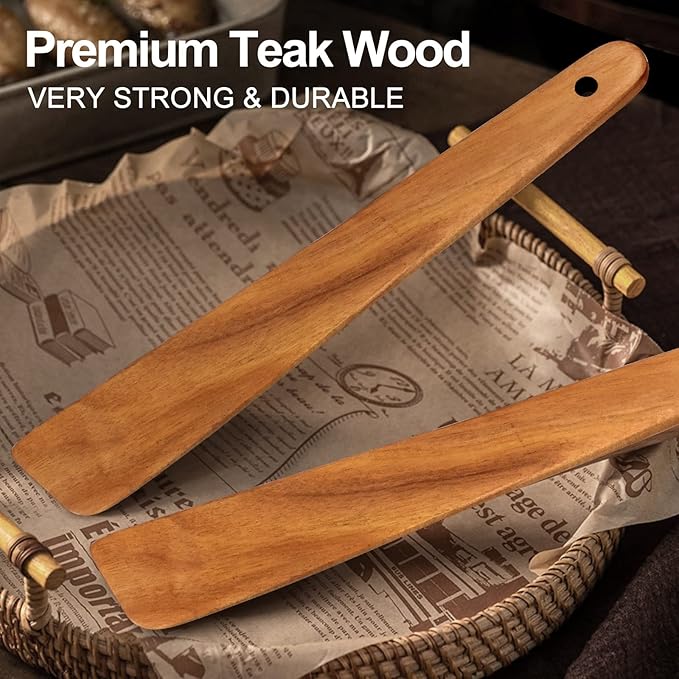 2 Pcs Teak Wood Spatula Set Non Toxic Cooking Utensils Spurtle Kitchen Tools Turner Bamboo Wooden Spatulas for Cooking Spoon Flat Egg Flipper Spatula Kitchen Utensil Set Sourdough Scraper Stirrer