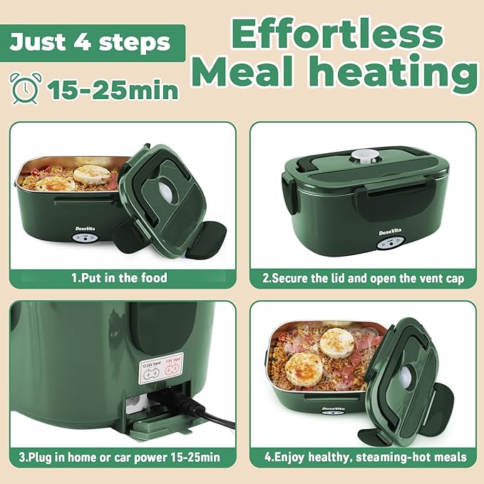 Electric Lunch Box for Adults, 80W Heated Lunch Box, 1.5L Stainless Steel Container | 12V/24V (Car/Truck) & 110V (Office/Home) | with Fork&Spoon and Insulated Carry Bag