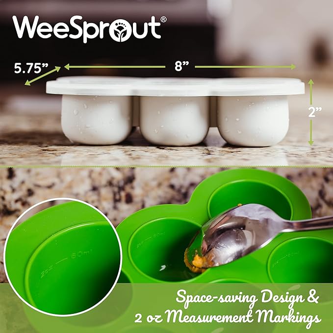 WeeSprout Silicone Freezer Tray with Clip on Lid Perfect Food Storage Container for Homemade Baby Food, Vegetable, Fruit Purees, and Breast Milk (Bright Green, Six 3 Ounce Sections)