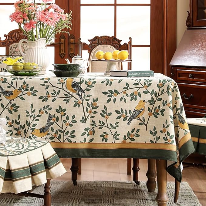 patdrea Designer French Table Cloth for Rectangle Table,Vintage Green Linen Birds and Leaves Pattern Tablecloths,Dacorative Cover Kitchen Dining,Christmas,Thanksgiving,Party,63"x102"-Warbler