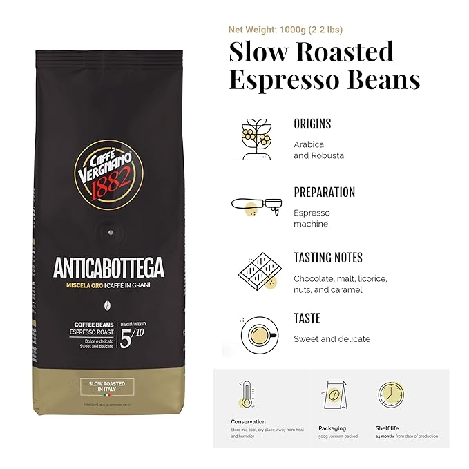 Caffe' Vergnano Whole Bean Coffee Bundle - Antica Bottega Beans 1000g bag & Cremoso Espresso Original Line Machine Compatible Capsules (50 Pack)