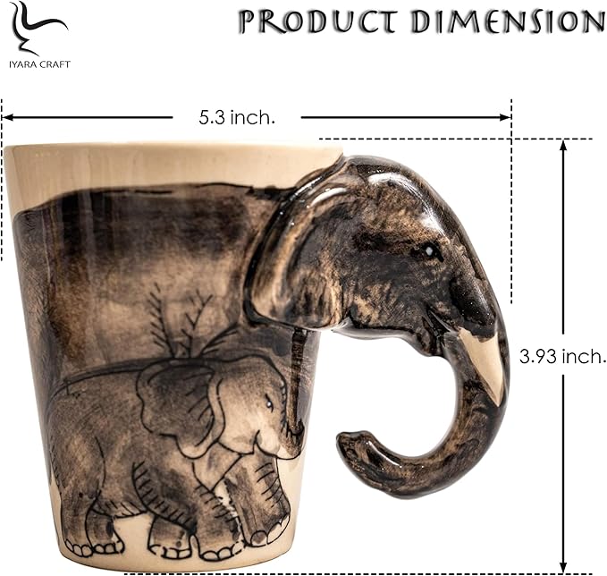 IYARA CRAFT 3D Elephant Mug 11oz – Handcrafted Ceramic Coffee Cup with Sculpted Elephant Handle, Microwave & Dishwasher Safe, Unique Wildlife Gift for Animal Lovers, Women, Christmas & Holiday Gifts