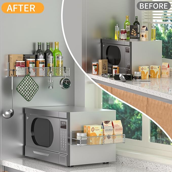 Magnetic Spice Rack for Refrigerator, 2 Pack 100% Metal Strong Magnet Shelf, Space Saving Spice Organizer W/ Hooks, Movable Magnetic Fridge Shelf, Kitchen Home Laundry Room Storage Organization, Grey