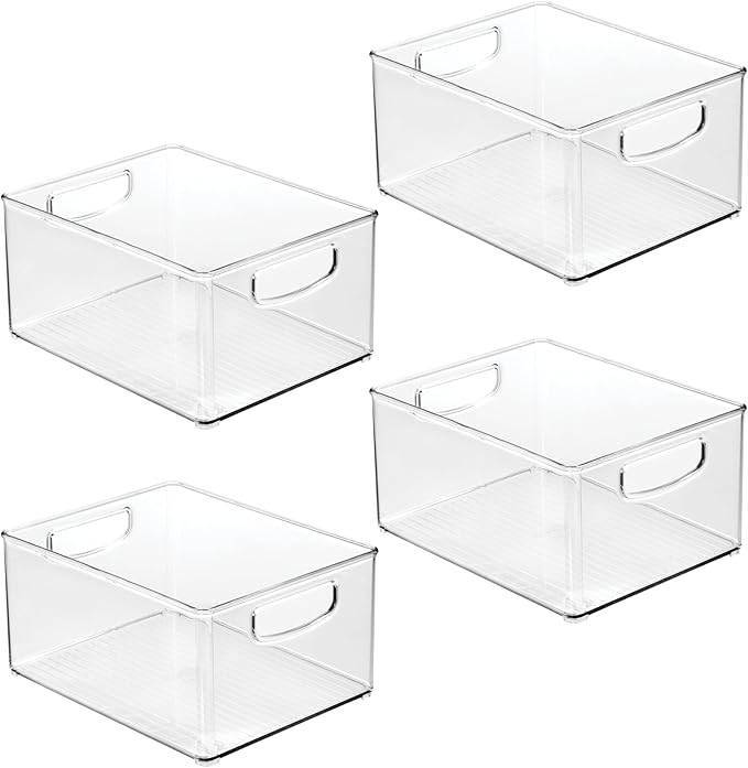 InterDesign iDesign Plastic Stackable Pantry Bin - Organizer Bin with Handles for Cabinets or Fridge - Set of 4 - Clear