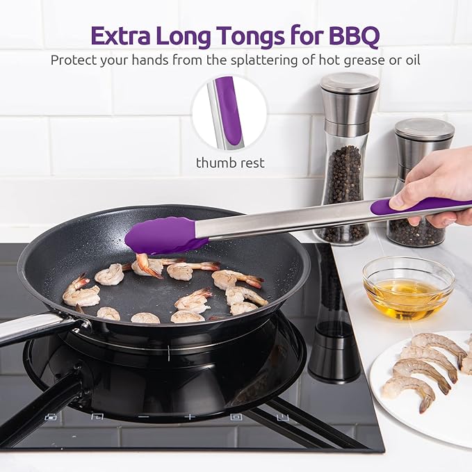600ºF Heat Resistant Kitchen Tongs: U-Taste 16 inch Extra Long Large Silicone Cooking Tong with Sturdy Non Stick Rubber Tips & Non Slip Silicon Coated 18/8 Stainless Steel Handle for Grill BBQ(Purple)