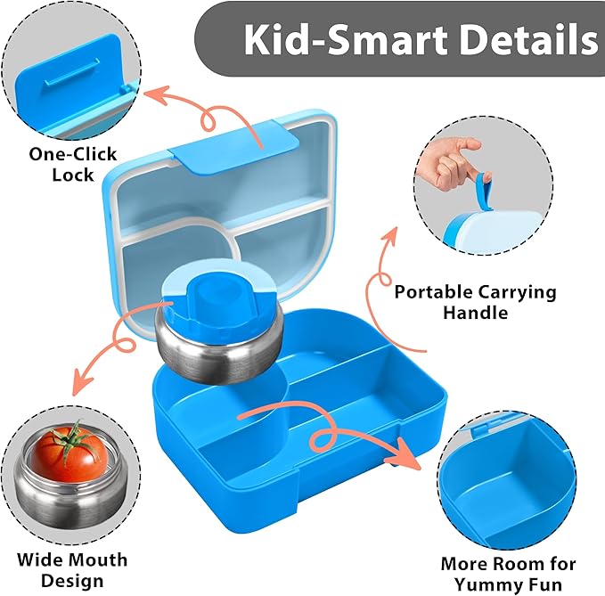 TinyPalsa Bento Box for Kids with 10oz Thermos, Durable Lunch Box with Leak Proof Insulated Food Jar, 3 Compartments with Portable Handle for Ages 3+, Dishwasher Safe, Ideal for School, Travel (Blue)