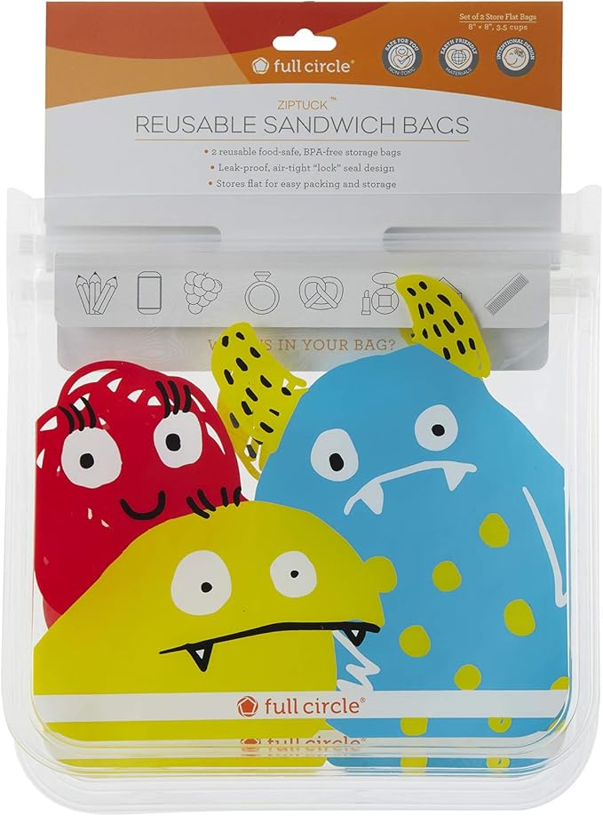 Full Circle Ziptuck Reusable Sandwich Bag - Multi-Use Leak-Free Food-Safe Storage Bag BPA-Free – Set of 2 Sandwich Bags Monster