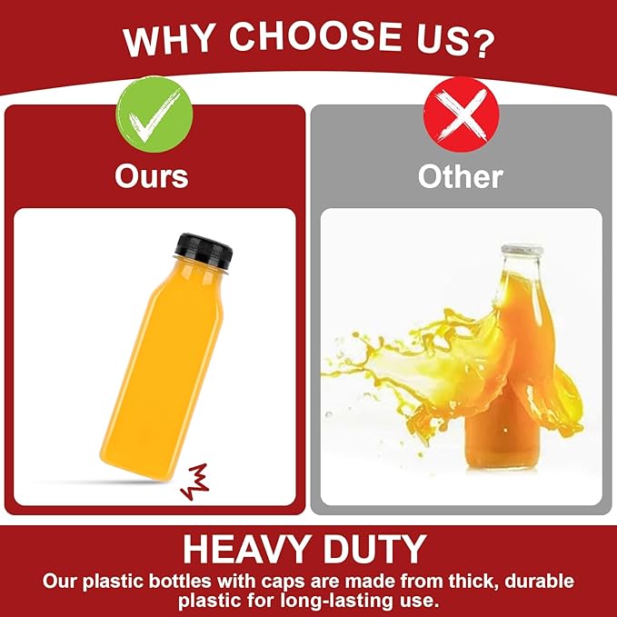 YULEER Plastic Juice Bottles with Caps 12PCS 12OZ Reusable Juice Bottles with Leakproof Lids, Brush, Funnel & Labels Clear Juice Containers for Juicing, Smoothies and Homemade Beverages