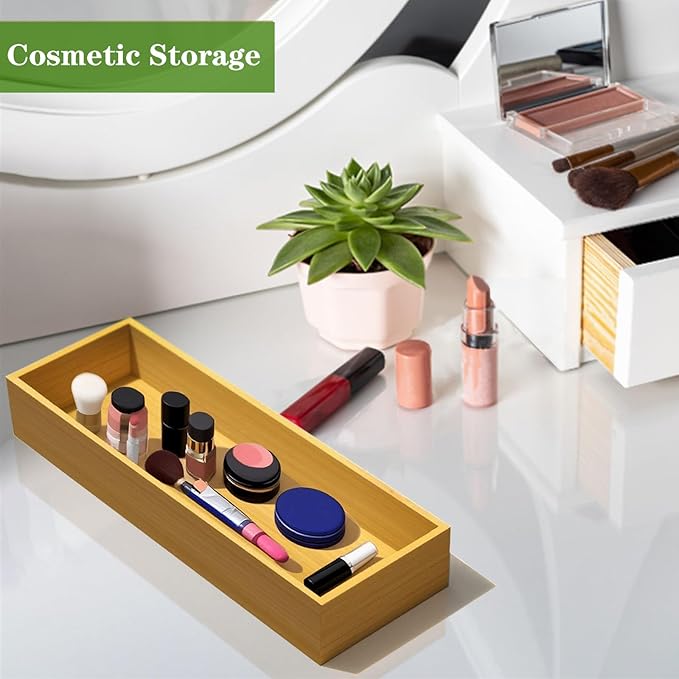 Bamboo Drawer Silverware Organizer, Utensil Organizer, Bamboo Storage Box Wood Silverware Tray for Drawer Set of 2