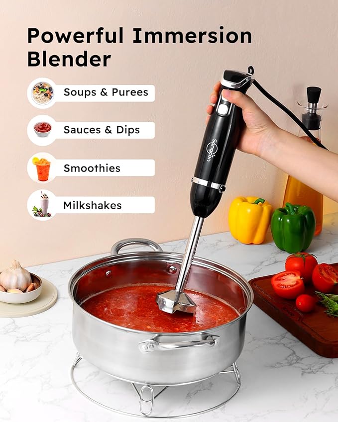 Sangcon 6-in-1 Immersion Blender Handheld, Hand Blender with Chopper & 34oz Blending Cup Storage Base, 2-Speed Adjustable Stick Blender,Stainless Steel Blades, Detachable Blender, Whisk, Milk Frother