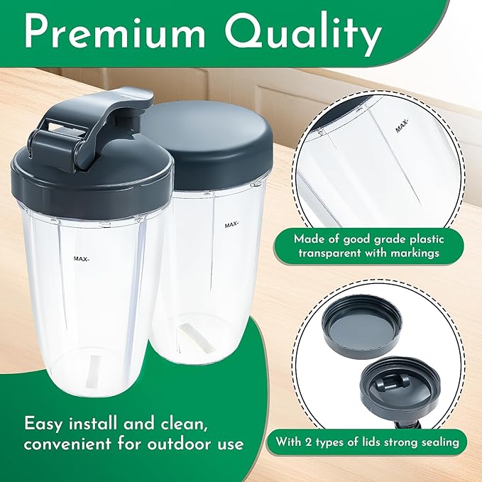 Blender Cups Replacement for Nutribullet 24oz Cups with Flip Top Lid and Flat Lid Compatible with Nutri Bullet 600W/900W Blenders (2 Pack)
