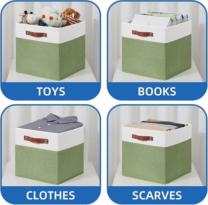 Temary 13 Inch Cube Storage Bin 4 Pack Fabric Storage Cubes Fabric Storage Bin for Shelf, Cube Storage Basket with Leather Handles(White&Green)