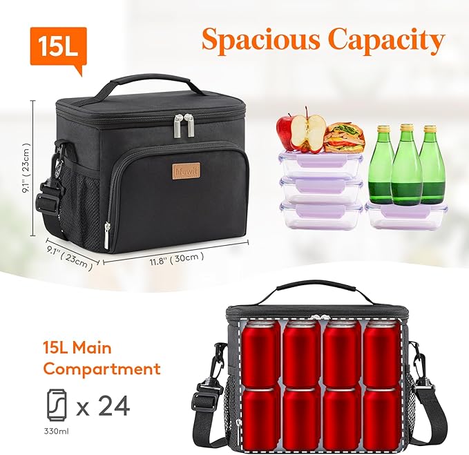 Lifewit Reusable Insulated Lunch Bag for Men, Lunch Box Women, Portable Cooler Freezable Soft Lunchbox Leakproof with Adjustable Shoulder Strap for Adult for Work Picnic or Travel, Black 15L, 24-Can