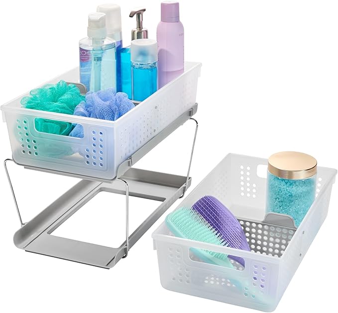 madesmart 2-Tier Organizer, Multi-Purpose Slide-Out Storage with Handles and Dividers for Home and Bath, Easy Assembly, BPA Free, Frost