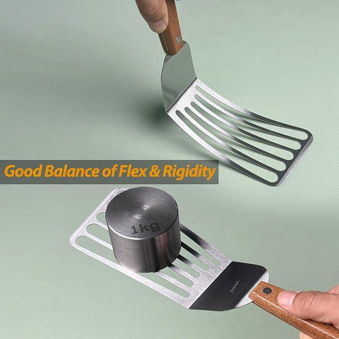 2 Pack Offset Fish Spatula Turner, Stainless Steel Slotted Spatulas for Flipping, Turning, Frying & Grilling, Offset Metal Slotted Spatulas, Wooden Full Tang Handle
