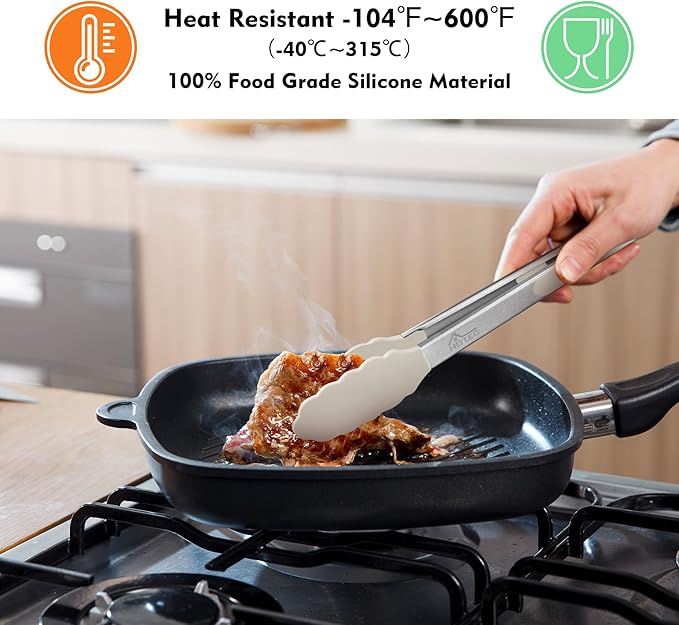 HOTEC Premium Stainless Steel Locking Kitchen Tongs with Silicon Tips, Set of 2-9" and 12",Khaki