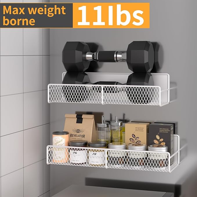 Magnetic Spice Rack for Refrigerator, 4 Pack 100% Metal Strong Magnet Fridge Shelves, Space Saving Spice Organizer, No Drilling Moveable Home Kitchen Laundry Room Storage Organization, White