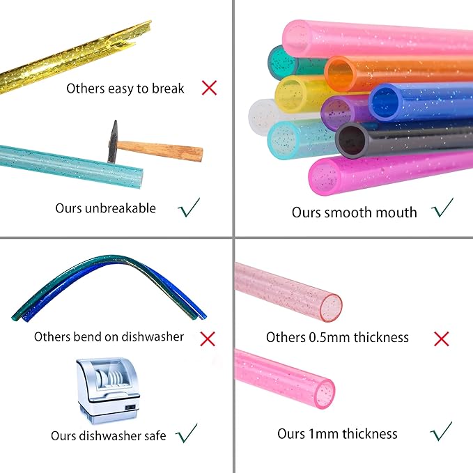Dakoufish Replacement Glitter Straws for Stanley|Owala|Simple Modern 40oz 30oz Tumbler,10 Pack 13 Inch Reusable Straws With Cleaning Brush For Stanley Hydro Jug Cup,Dishwasher Safe (Mix 10color)