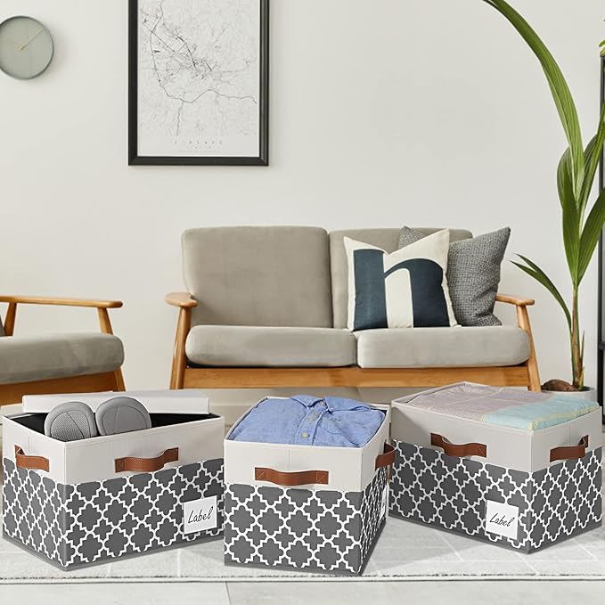 GhvyenntteS Large Fabric Storage Bins with Lids (6 Pack), Foldable Decorative Storage Boxes with Lids and 3 Handles, Sturdy Storage Baskets with Label Window for Home Office (White&Lattice Grey)