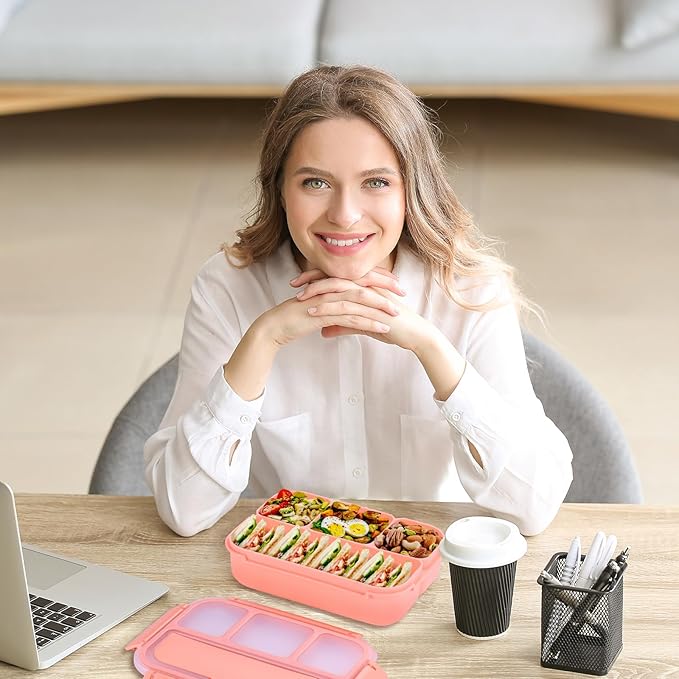 Bento Box Adult Lunch Box, Lunch Containers for Kids Girls Boys with 4 Compartments, Lunchable Food Container with Utensils, Sauce Jar, Muffin Liners, 40 Oz/5 Cup, Microwave & Dishwasher Safe, Pink