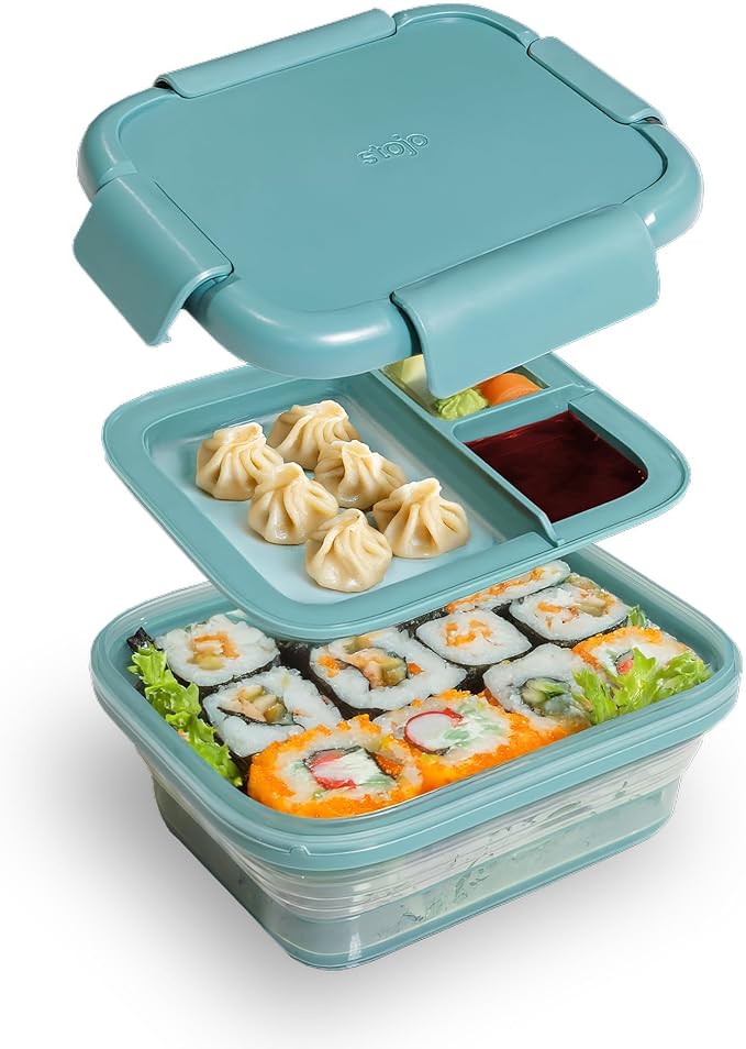 STOJO Collapsible Bento Box, Reusable, Leak-Proof, Microwave & Dishwasher Safe, Premium Lunch Container with Divider – Space-Saving, Transparent Design (Eucalyptus, 2.75-Cup/650mL)