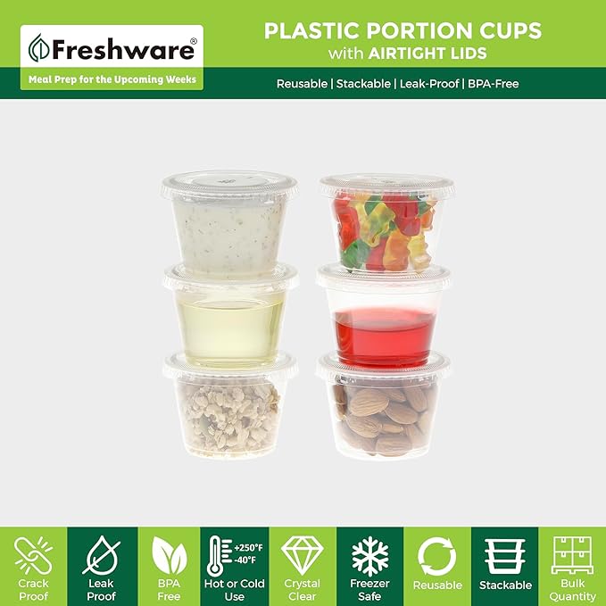 Freshware Plastic Portion Cups with Lids [1 Ounce, 200 Sets] Disposable Plastic Cups for Meal Prep, Salad Dressing, Jellos Shot Cups, Souffle Cups, Condiment and Dipping Sauce Cups