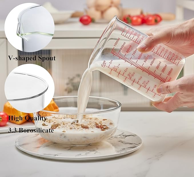 High Borosilicate Glass Measuring Cup-V-Shaped Spout，Glass Measuring Beaker for Kitchen or Restaurant, Easy to Read, 1000 ML (32 Oz, 4Cup)