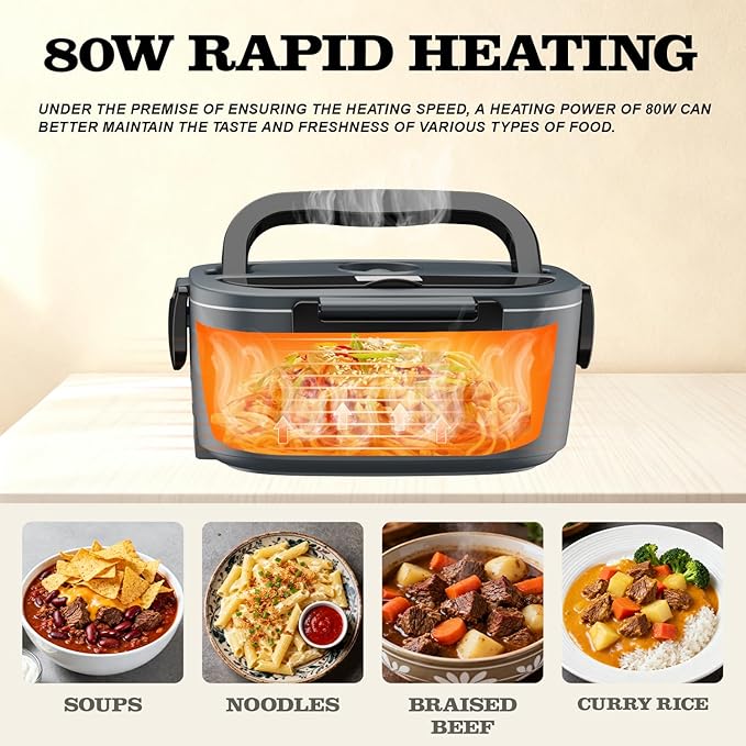 Buddew Electric Heated Lunch Box for Adults - 80W Fast Heating, 1.5L Food-Grade Stainless Steel, 12V/24V/110V Portable Food Warmer for Work Travel Car, Lonchera Electrica Portatil