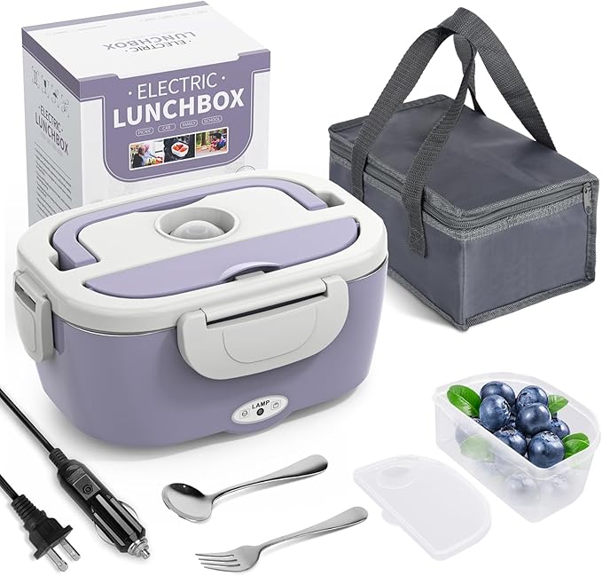 Electric Lunch Box Food Heater, 3 in 1 Ultra Quick Heated Lunch Boxes for Adults, 12V/24V/110V Portable Food Warmer for Car/Truck/Office With Fork Spoon and Insulated Carry Bag