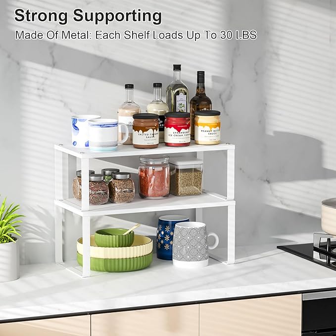 15.75" Long Stackable Expandable Metal Shelf Organizer For Kitchen Cabinet Counter Storage, Set of 2 Small Metal Storage Shelves Spice Rack For Kitchen Cupboard Countertop,Sturdy, 30LBS Heavy Duty
