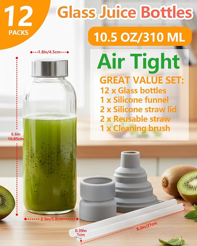 Zukro Clear Glass Juice Bottles 10.5 oz, 12 Pack Reusable 300ml Glass Jars With Airtight Stainless Steel Lids for Juicing, Milk, Ginger Shot, Smoothie, Leak Proof Small Water Container, BPA Free