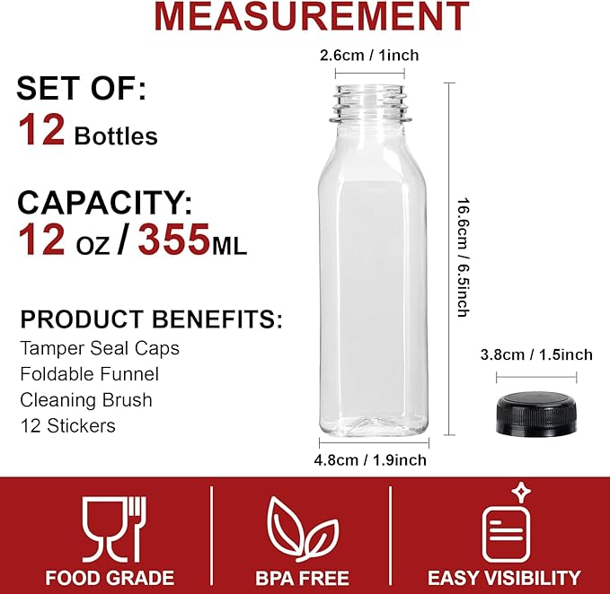 YULEER Plastic Juice Bottles with Caps 12PCS 12OZ Reusable Juice Bottles with Leakproof Lids, Brush, Funnel & Labels Clear Juice Containers for Juicing, Smoothies and Homemade Beverages