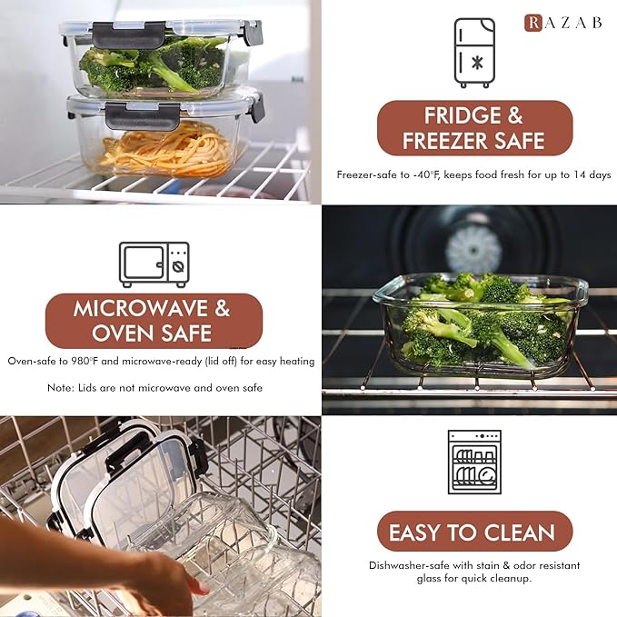Razab 2 PC 1200ML / 42 Oz Glass Food Storage Containers with Lids - Airtight & Leakproof - Microwave/Oven/Freezer Safe - BPA Free - Ideal for Meal Prep, Storing Leftover & Lunch