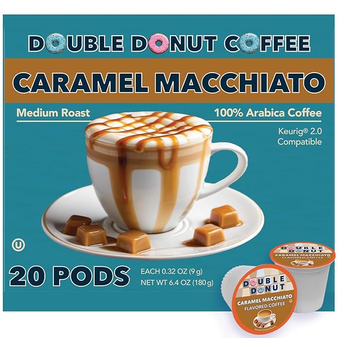 Double Donut Coffee Caramel Macchiato Flavored Coffee Pods, Medium Roast Coffee, for Keurig K Cups Machines, in Recyclable Pods, 20 Count