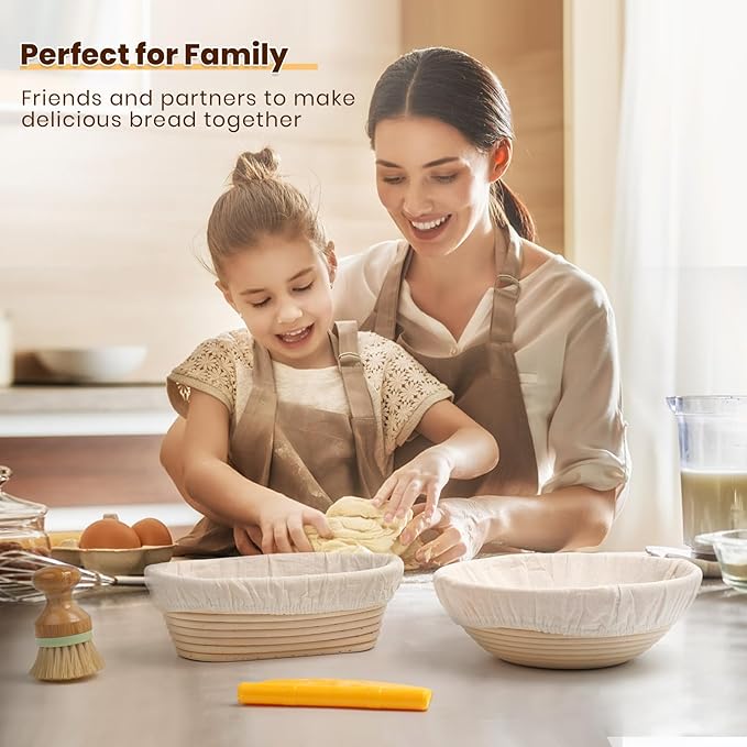 CODOGOY Banneton Bread Proofing Basket Set, Sourdough Bread Baking Supplies with 9" Round & 10" oval Handmade Natural Rattan Proofing Basket and Complete Bread Making Tools